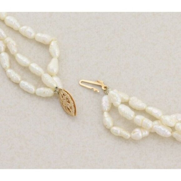 14k Yellow Gold Rice Pearl Gold Bead Three Strand Long 30" Necklace - Picture 6 of 8